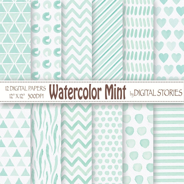 Watercolor Digital Paper: "WATERCOLOR MINT" - Mint Green Watercolor Baby Digital Patterns Dots Chevron Triangles Stripes