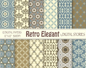 Retro Digital Paper: "RETRO ELEGANT" Retro scrapbook digital paper in sage green, blue, for invites, cards, backgrounds