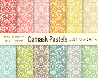 Damask Digital Paper: "DAMASK PASTELS" Colorful Damask Scrapbooking Paper Pack for cards, invites, crafts, decoupage