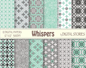 Teal Gray Digital Paper: "WHISPERS" - Teal Gray Black Retro Scrapbook Paper Pack for invites, cards, crafts