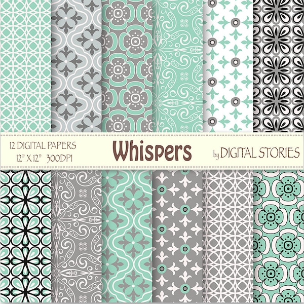 Teal Gray Digital Paper: "WHISPERS" - Teal Gray Black Retro Scrapbook Paper Pack for invites, cards, crafts