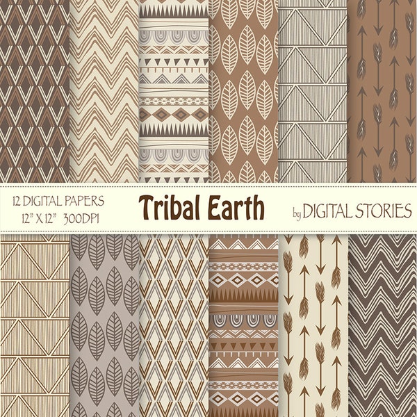 Tribal Digital Paper: "TRIBAL EARTH" with tribal patterns, in brown, beige, gray earthtones, for scrapbooking, invites