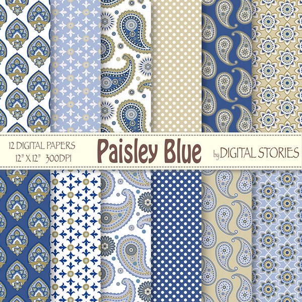 Paisley Digital Papers: "PAISLEY BLUE" Scrapbook paper pack with paisley patterns in blue, for invites, cards, background