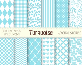 Turquoise Blue Digital Paper: "TURQUOISE BASIC" Floral Hearts Chevron Plaid Scrapbook Paper Pack for cards, invites, crafts