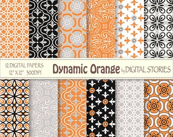 Orange Black Gray Retro Digital Paper Pack - Dynamic Orange - Instant Download