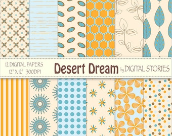 Orange Turquoise Floral  Beige Digital Scrapbook Paper Pack - Desert Dream - Instant Download