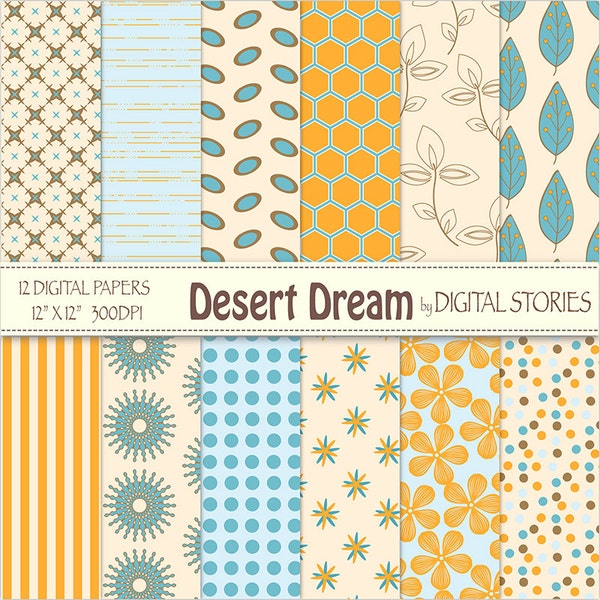 Orange Turquoise Floral  Beige Digital Scrapbook Paper Pack - Desert Dream - Instant Download