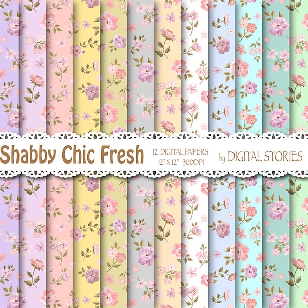 Shabby Chic Digital Paper: "SHABBY CHIC FRESH" Floral pastels digital papers for scrapbooking, invites, cards