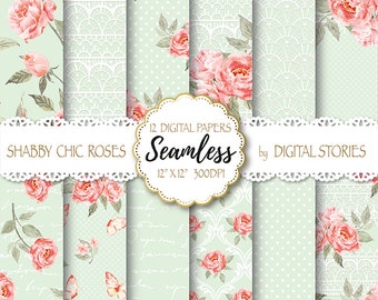 Shabby Chic Digital Paper "SHABBY LACE MINT" Floral Seamless, Tileable Background with watercolor roses  for scrapbooking, invitation, cards