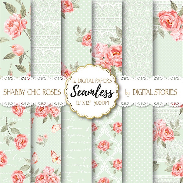 Shabby Chic Digital Paper "SHABBY LACE MINT" Floral Seamless, Tileable Background with watercolor roses  for scrapbooking, invitation, cards