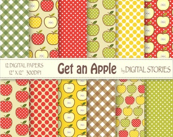 Apple Digital Paper: "GET AN APPLE" Red Green Plaid Dots  for scrapbooking, cards, invitations