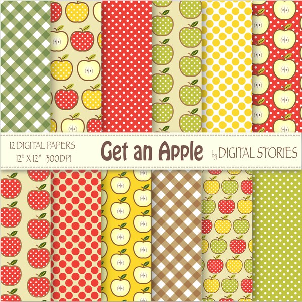 Apple Digital Paper: "GET AN APPLE" Red Green Plaid Dots  for scrapbooking, cards, invitations