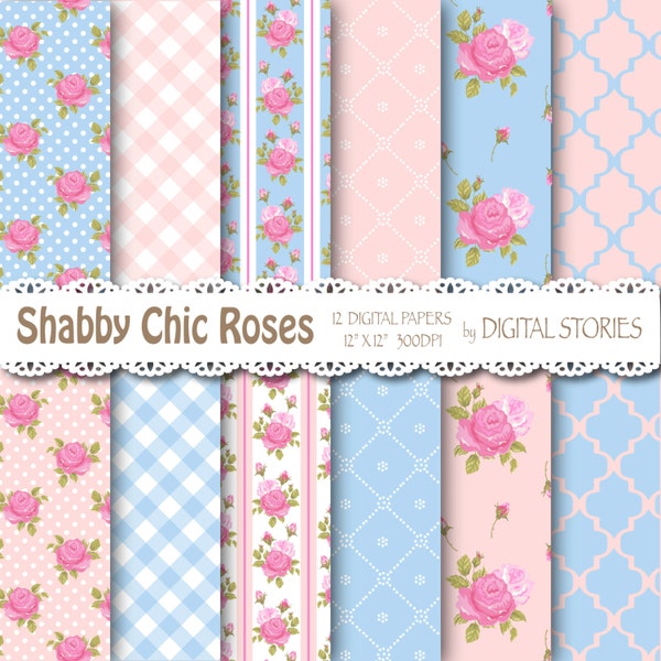 Shabby Chic Digital Paper: "ROMANTIC" Pink Blue Roses for scrapbooking, invites, cards