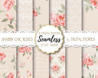 Shabby Chic Digital Paper:"SHABBY LACE BEIGE" Floral Seamless, Tileable Background with watercolor roses  for scrapbooking, invites, cards