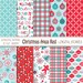 Christmas Digital Paper: 'CHRISTMAS AQUA RED' Scrapbook paper with retro Christmas ornaments, text, snowflakes, plaid for invites, cards 