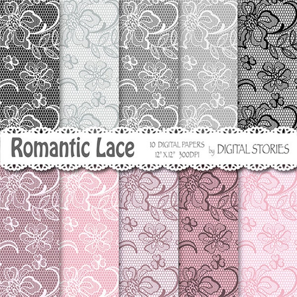 Lace digital paper: "LACE PINK GRAY" Romantic Wedding Vintage Lace for scrapbooking, invites, cards