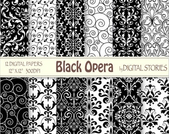Black & White Damask Digital Scrapbook Paper Pack -  Black Opera - Instant Download