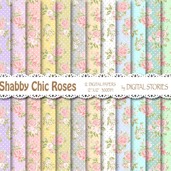 Shabby Chic Digital Paper: "SHABBY CHIC MORNING" Floral pastels digital papers for scrapbooking, invites, cards