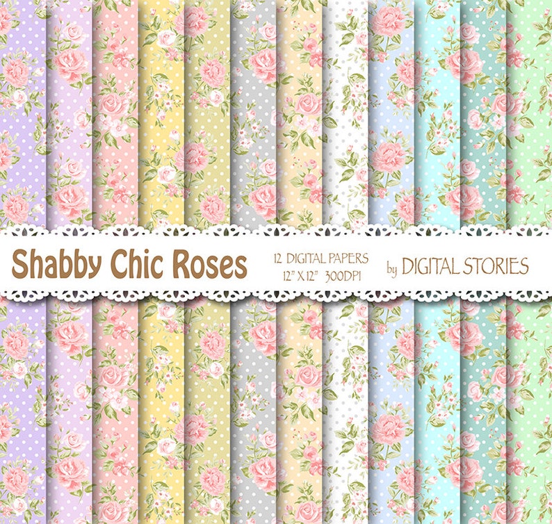 Shabby Chic Digital Paper: 'SHABBY CHIC MORNING' Floral pastels digital papers for scrapbooking, invites, cards 