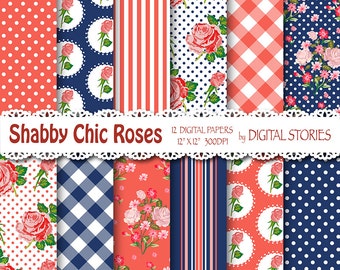 Shabby Chic Digital Paper: "SHABBY RED NAVYBLUE" Floral background with roses for scrapbooking, invites, cards