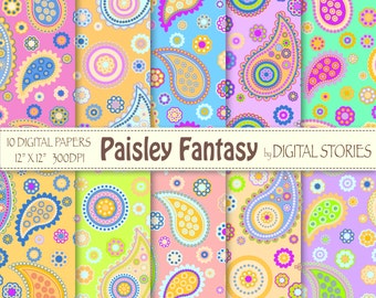 Paisley Digital Paper: "PAISLEY FANTASY 2" Scrapbook paper with colorful paisley for invites, cards, background