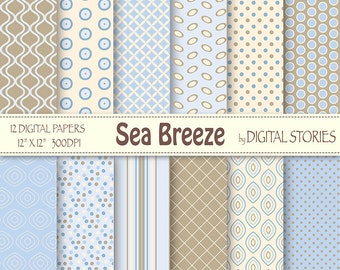 Light Blue Beige Digital Scrapbook Paper Pack - Sea Breeze - Instant Download