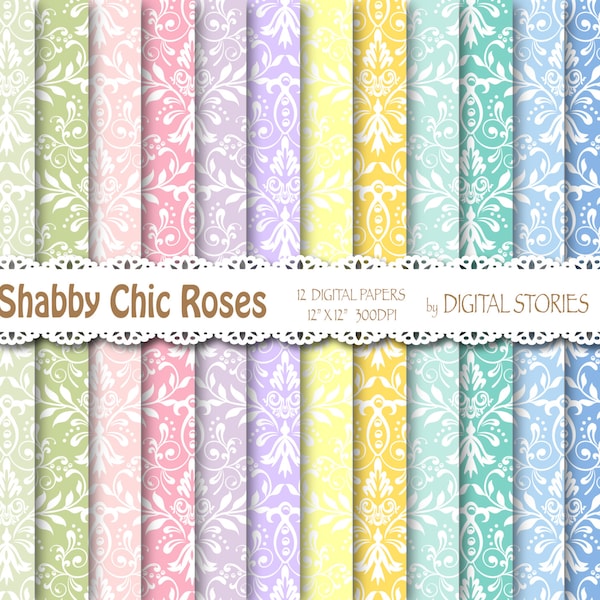 Shabby Chic Digital Paper: "SHABBY CHIC DAMASK" Colorful Damask background  for scrapbooking, invites, cards