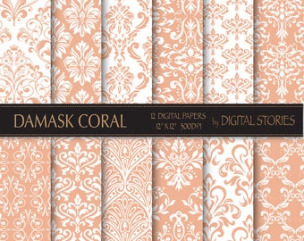 Damask Digital Paper: "DAMASK CORAL PEACH" digital paper with vintage elements in coral, peach patterns for scrapbooking