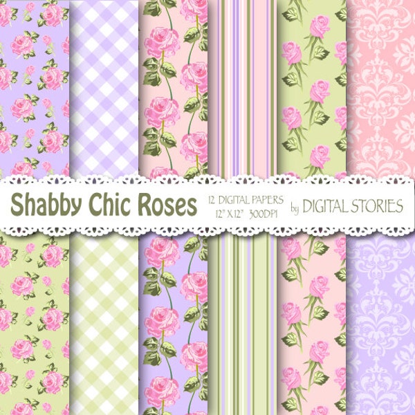 Shabby Chic Digital Paper: "LILAC PINK GREEN" Floral background with roses for scrapbooking, invites, cards