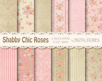 Shabby Chic Digital Paper:" SHABBY PINK BEIGE" Floral Vintage Background with roses for scrapbooking, invites, cards