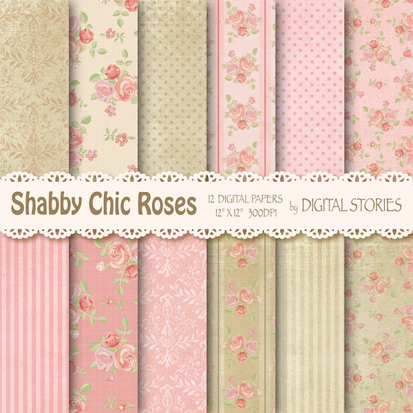 Shabby Chic Digital Paper:" SHABBY PINK BEIGE" Floral Vintage Background with roses for scrapbooking, invites, cards