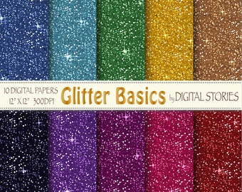 Glitter Digital Paper: "GLITTER BASICS" Colorful Glitter, shiny  textured scrapbook papers for invites cards, crafts