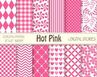 Hot Pink Digital Paper: « HOT PINK » Floral coeurs Chevron Plaid scrapbooking papier Pack de base pour les cartes, invite, artisanat