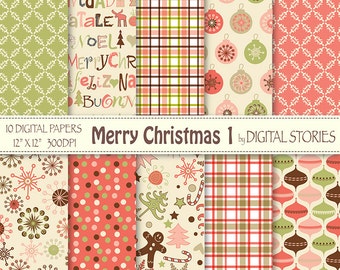 Christmas Digital Paper: "MERRY CHRISTMAS 1" Scrapbook paper with retro Christmas ornaments for invites cards, background