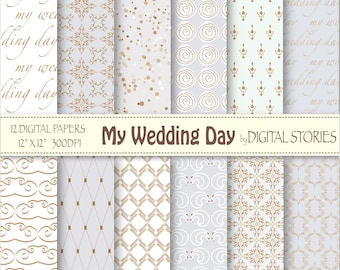 Wedding Digital Paper: "MY WEDDING DAY" White Gold Light Gray Bridal Patterns for wedding invites ,save the date cards