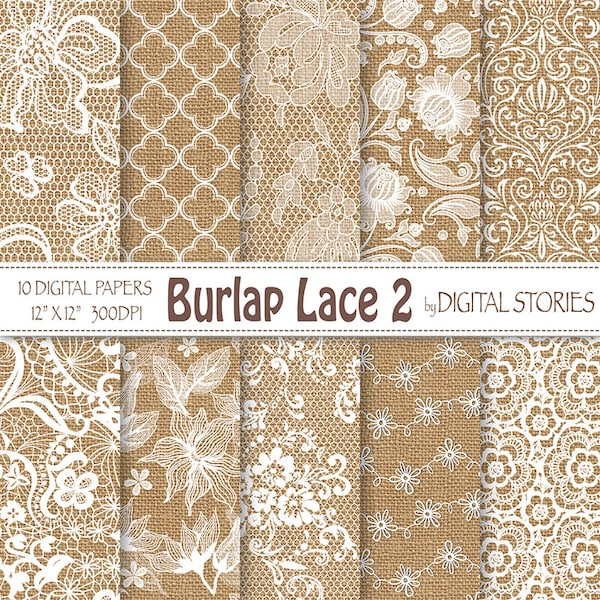 Burlap Lace Wedding digital paper: "BURLAP LACE 2" White Wedding Vintage Lace Burlap Textured for scrapbooking, invites