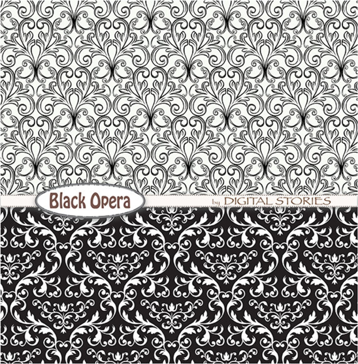 Black & White Damask Digital Scrapbook Paper Pack Black Opera Instant