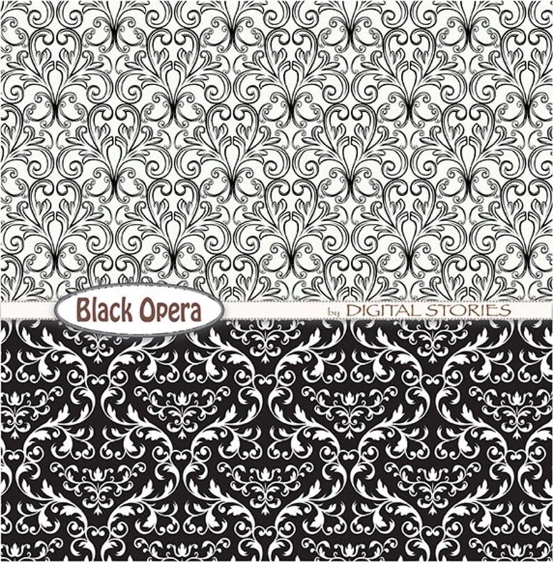 Black & White Damask Digital Scrapbook Paper Pack Black Opera Instant