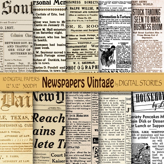 Newspapers Digital Paper: newspaper Vintage Old Newspapers for  Scrapbooking, Invites, Cards, Background 