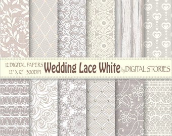 Wedding Lace Digital Paper: "WEDDING LACE WHITE" white, gray wedding bridal patterns for scrapbooking, invites, cards