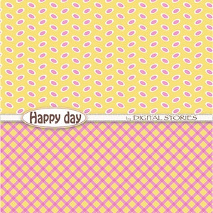 Pink Yellow Digital Papers: HAPPY DAY, scrapbook digital paper set with chevron, dots, stripes for cards, baby shower, invitation image 2