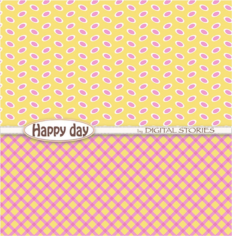 Pink Yellow Digital Papers: HAPPY DAY, scrapbook digital paper set with chevron, dots, stripes for cards, baby shower, invitation image 2