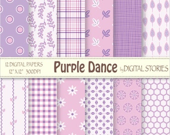 Baby Girl Digital Paper: "PURPLE DANCE" Purple Pink Floral Plaid Scrapbook papers for invites, cards, crafts