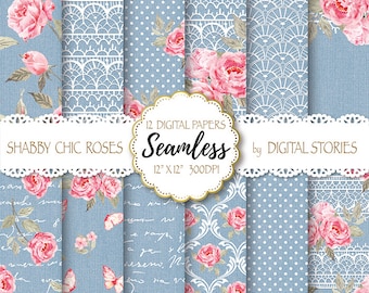 Shabby Chic Digital Paper:"SHABBY LACE DENIM 2" Floral Seamless, Tileable Background with watercolor roses  for scrapbooking, invites cards