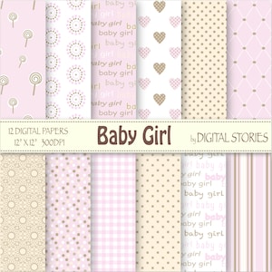 Baby Girl Digital Paper: "BABY GIRL" Pink Beige Lolipop Heart Text Dots for scrapbooking, invites, cards