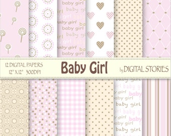 Baby Girl Digital Paper: "BABY GIRL" Pink Beige Lolipop Heart Text Dots for scrapbooking, invites, cards