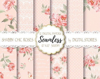 Shabby Chic Digital Paper:"SHABBY LACE PEACH" Floral Seamless, Tileable Background with watercolor roses  for scrapbooking, invites, cards