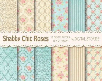 Shabby Chic Digital Paper:" SHABBY TEAL BEIGE" Floral Vintage Background with roses for scrapbooking, invites, cards