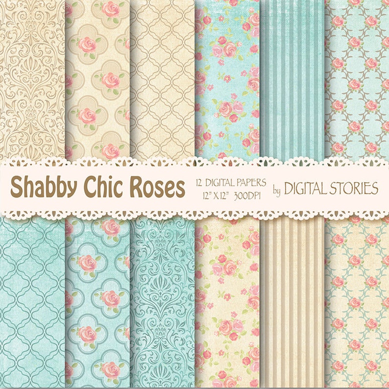 Shabby Chic Digital Paper:' SHABBY TEAL BEIGE' Floral Vintage Background with roses for scrapbooking, invites, cards 