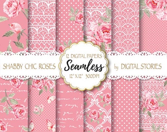 Shabby Chic Digital Paper "SHABBY LACE ROSE" Floral Seamless, Tileable Background with watercolor roses  for scrapbooking, invitation, cards